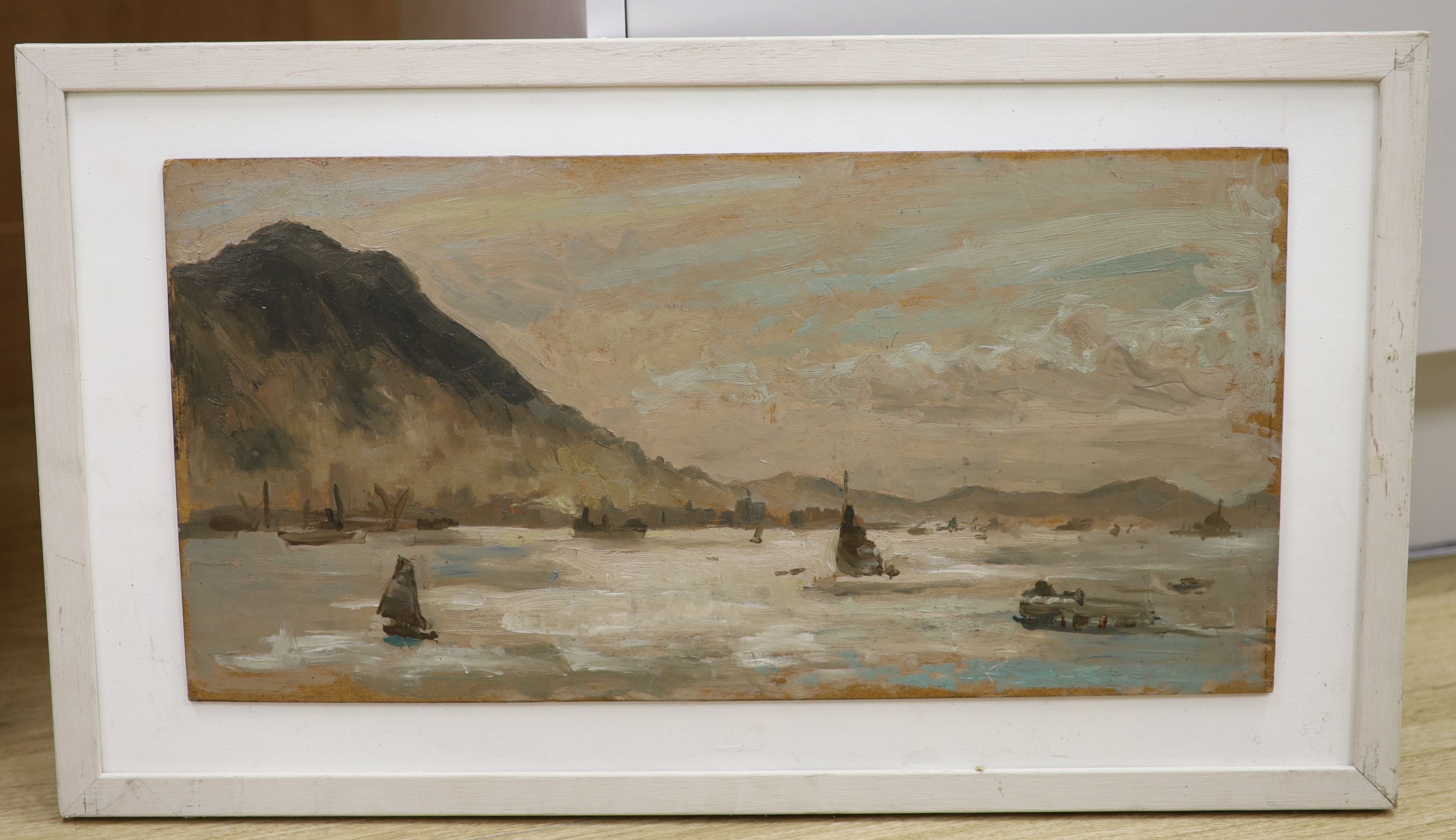 E. Sinclair, oil on board, Hong Kong Harbour, inscribed verso and dated 1957, 25 x 51cm
